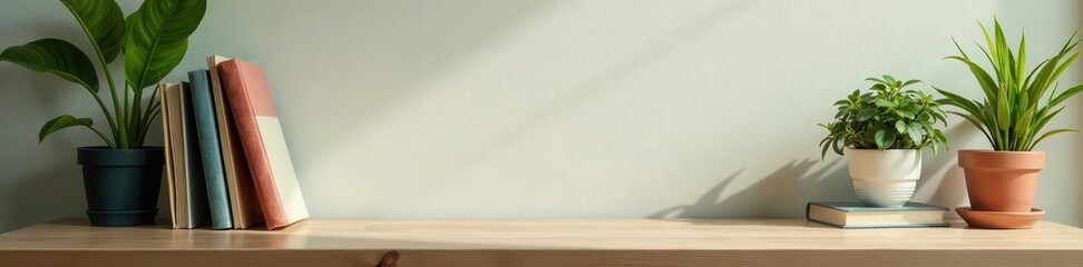 Fototapeta premium Blank book cover mockup; wooden desk, books, plants, illustration, promotion, green