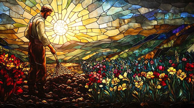 The Parable of the Sower depicted in stunning stained glass, the farmer sowing seeds across fertile and rocky soil, vibrant patterns of wheat and flowers framing the scene,