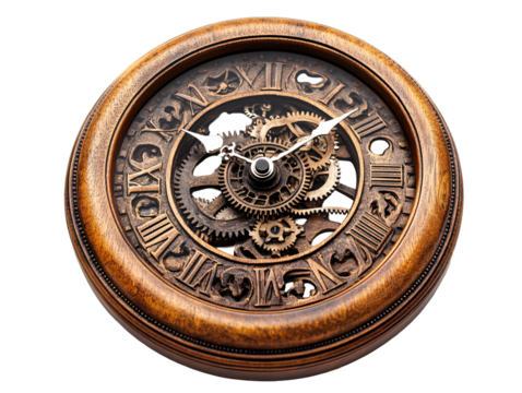 Isolated Carved Wooden Round Clock with Gears
