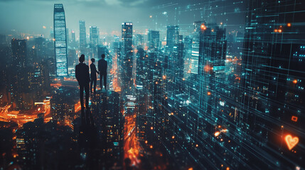 Fototapeta premium Abstract business team stands on the peak of success amid tall, innovative Smart city and graphs with statistics to analyze business potential and predict future developments in company growth.