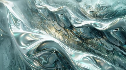 Metallic turquoise liquid flowing and creating a mesmerizing wallpaper effect with golden texture underneath