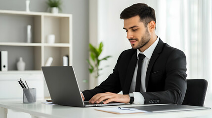 Fototapeta premium Office worker typing on laptop at clean desk professional business setting