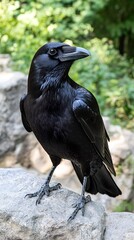 Majestic Black Raven Perched on Rock, Detailed Closeup