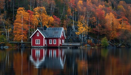 Obraz premium Beautiful autumn landscape with red house on the shore of the lake