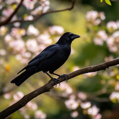 Fototapeta premium Majestic Crow Perched on Branch, Spring Blossoms Background