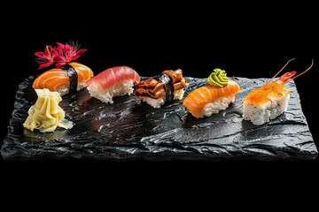 Japanese-style sushi presentation on a dark board, with contrasting colors and neat placement