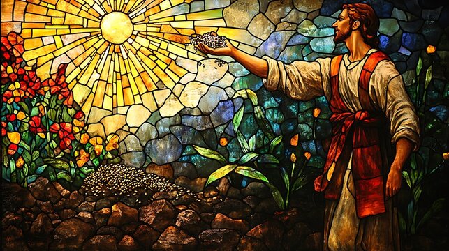 The Parable of the Sower in a radiant stained glass design, the farmer scattering seeds over lush fields and rocky paths, intricate details on the soil and plants symbolizing the Word of God,