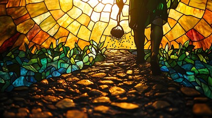 The Parable of the Sower in a radiant stained glass design, the farmer scattering seeds over lush fields and rocky paths, intricate details on the soil and plants symbolizing the Word of God,