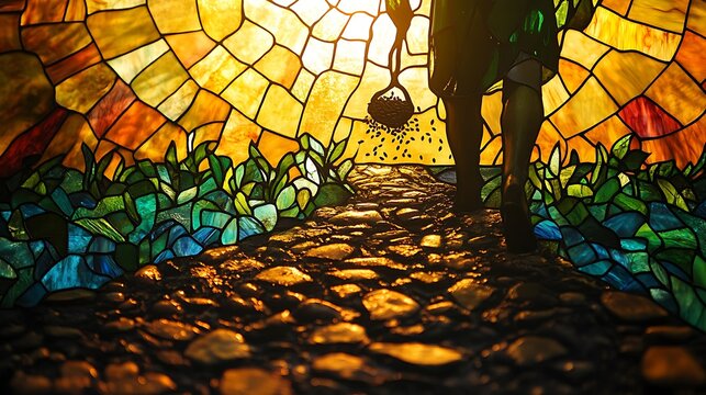 The Parable of the Sower in a radiant stained glass design, the farmer scattering seeds over lush fields and rocky paths, intricate details on the soil and plants symbolizing the Word of God,