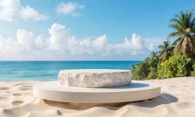 Obraz premium A white stone product display podium on a sunny beach with palm trees.