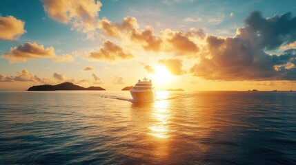 Fototapeta premium Luxury yacht sailing at sunset, ocean view.