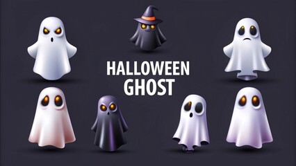 Obraz premium Halloween 3d Ghost Black and white color, colletions banner design on dark blue background