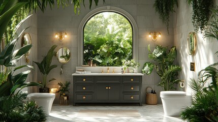 Luxurious bathroom with jungle theme, arched window, and gold accents.
