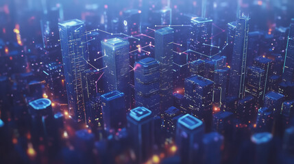 Abstract business team stands on the peak of success amid tall, innovative Smart city and graphs with statistics to analyze business potential and predict future developments in company growth.