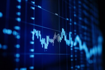 Stock market chart on dark blue background with depth of field and bokeh effect, high-resolution financial design.