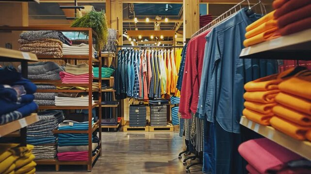 A retail clothing store interior, showcasing a vibrant array of folded and hanging garments on shelves and racks. The image captures the essence of shopping.