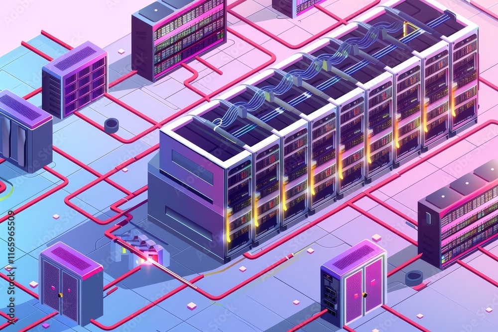 Poster this setting features a modern data center filled with servers connected by vibrant cables, illustra