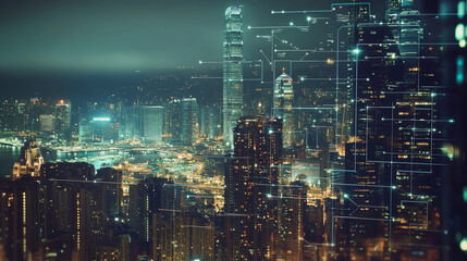 Obraz premium Abstract business team stands on the peak of success amid tall, innovative Smart city and graphs with statistics to analyze business potential and predict future developments in company growth.