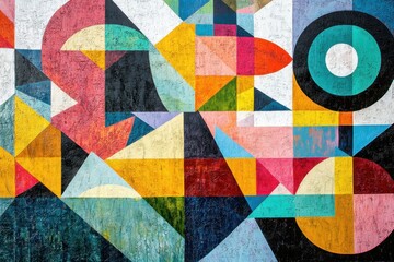 Fototapeta premium Colorful geometric mural brightening an urban wall in the afternoon sunlight
