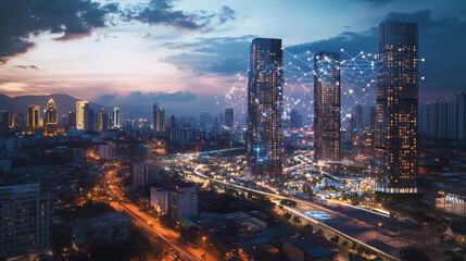 Fototapeta premium Abstract business team stands on the peak of success amid tall, innovative Smart city and graphs with statistics to analyze business potential and predict future developments in company growth.