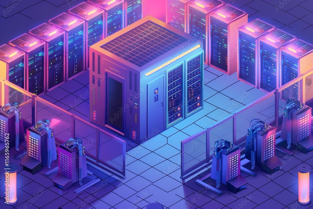 Poster a sophisticated data center showcases numerous illuminated server racks and advanced computing equip