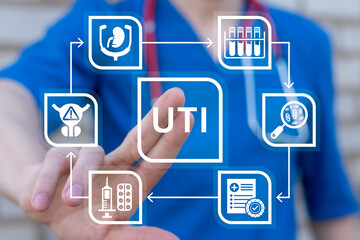 Doctor working on virtual touch screen presses abbreviation: UTI. UTI Urinary Tract Infection Medical Concept. Modern diagnostics and treatment of urinary tract diseases.