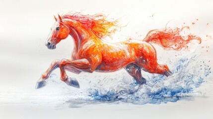 Fiery horse runs through blue water, artistic.