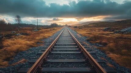 Photograph of old railway tracks leading into the distance, overcast sky, dusk lighting, forest in the background