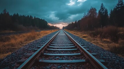 Fototapeta premium Photograph of old railway tracks leading into the distance, overcast sky, dusk lighting, forest in the background