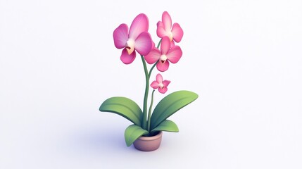Pink orchid flower in a brown pot, 3D render.