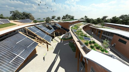 Fototapeta premium Eco-friendly school design with solar panels, green roofs, and outdoor spaces.