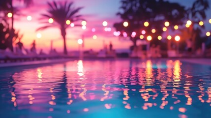 Blurred background of an outdoor swimming pool at night with pink lights and party decorations.