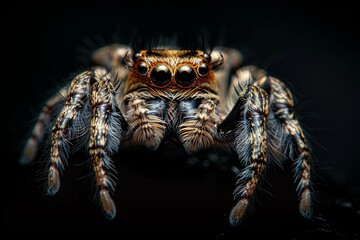 Fototapeta premium A detailed observation of a spider highlights its textured body and large eyes while set against a contrasting dark backdrop, emphasizing its natural features.