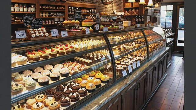 A tempting array of colorful cupcakes and pastries displayed under elegant lighting in a charming bakery setting.  The perfect visual for a business promoting sweet treats.