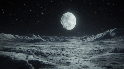 Fototapeta premium Surreal Lunar Landscape with Detailed Moon and Starry Night Sky