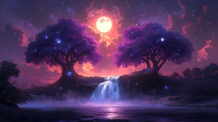 Fototapeta premium Magical twilight scene with two glowing purple trees flanking a waterfall under a large orange moon.