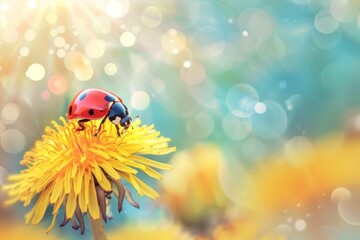 A small ladybug is climbing on a bright yellow dandelion, surrounded by a dreamy, blurred background that hints at a sunny, cheerful spring day.