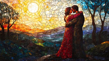 The Prodigal Son&rsquo;s homecoming rendered in radiant stained glass, the father embracing him with open arms, vibrant tones of ruby and emerald highlighting their figures,