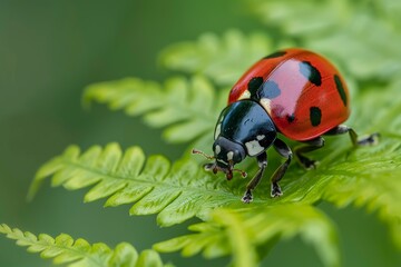Obraz premium A brightly colored ladybug with distinctive spots crawls on a green fern leaf, showcasing the intricate details of its body in a tranquil garden environment.