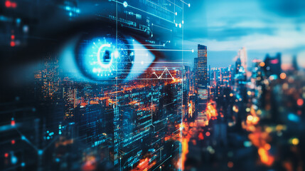 Fototapeta premium Abstract business team stands on the peak of success amid tall, innovative Smart city and graphs with statistics to analyze business potential and predict future developments in company growth.