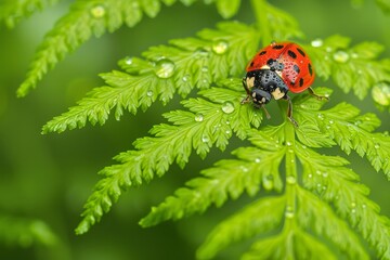 A vibrant ladybug crawls across fresh fern leaves adorned with glistening dew drops, highlighting the beauty of nature in a tranquil garden at dawn.