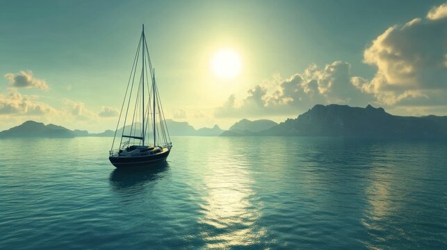Sailboat at sunset on calm ocean near islands.