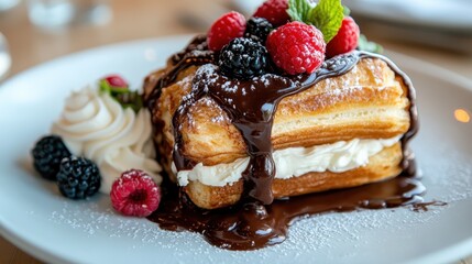A sumptuous chocolate dessert topped with fresh berries, drizzled in rich chocolate sauce, embodying the essence of indulgence and sweet luxury.