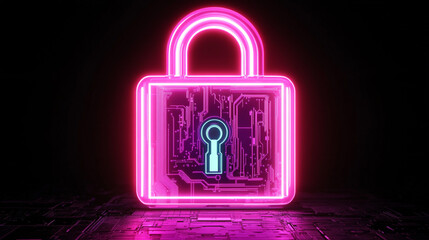 Neon digital padlock glowing in dark background symbolizes cybersecurity and protection