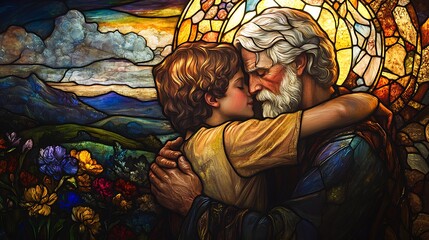 The Prodigal Son’s return captured in a stunning stained glass masterpiece, the father and son’s emotional embrace framed by intricate Gothic patterns, a background of the welcoming home,