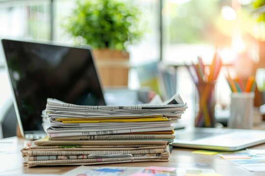 A cluttered desk displays a stack of newspapers next to a laptop and vibrant stationery, illuminated by natural light streaming through the windows.