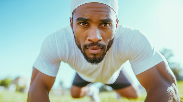 Muscular athlete doing push-ups on green grass, capturing intense fitness training with wide-angle lens perspective