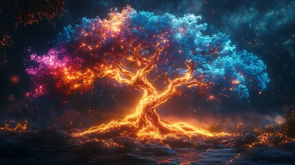 Fototapeta premium Fiery and icy tree of life glowing in the dark.