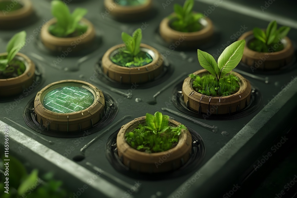 Poster intricate pheromone communication and holographic displays in a verdant urban oasis with algorithmic
