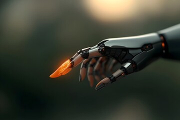 Naklejka premium Intimate human machine fusion slender feminine fingers interlacing with polished metallic limbs the convergence of biology and technology in dramatic chiaroscuro lighting